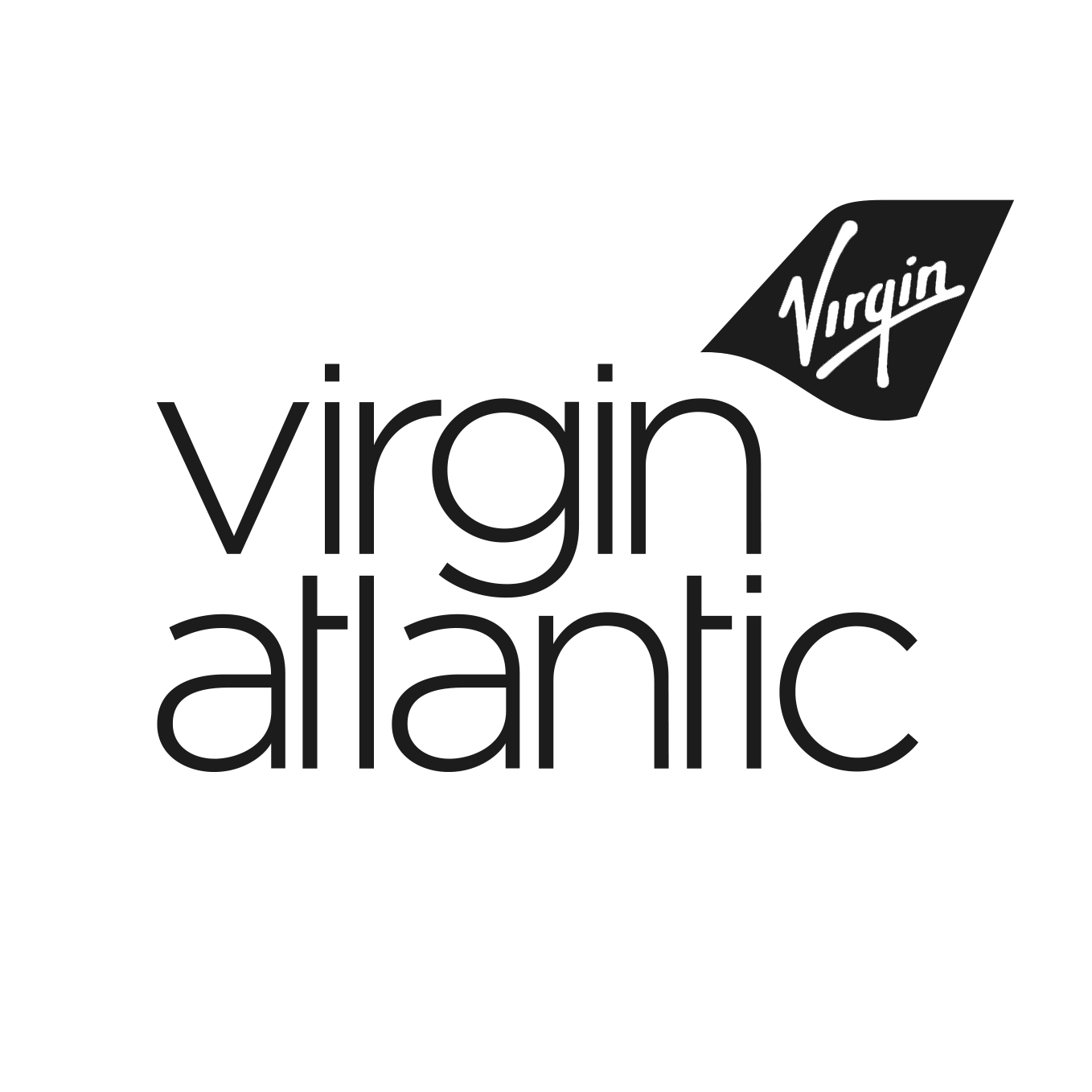 The Virgin Atlantic logo, featuring the word 'Virgin' in a stylized script on a tilted rectangle, above the words 'virgin atlantic' in lowercase font.