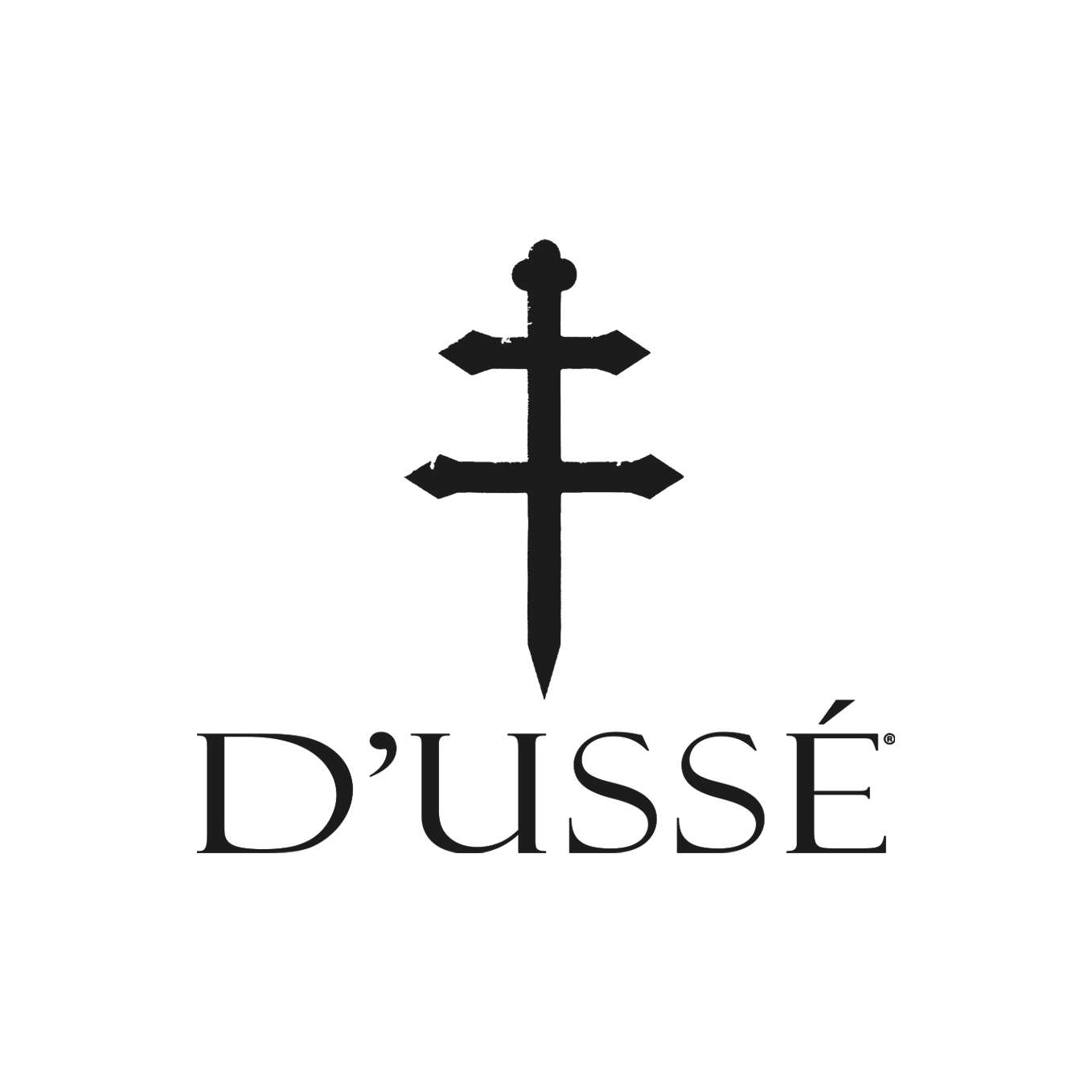 A black logo featuring a sword with three directional arrows on its hilt and the text "D'USSE" below in black.