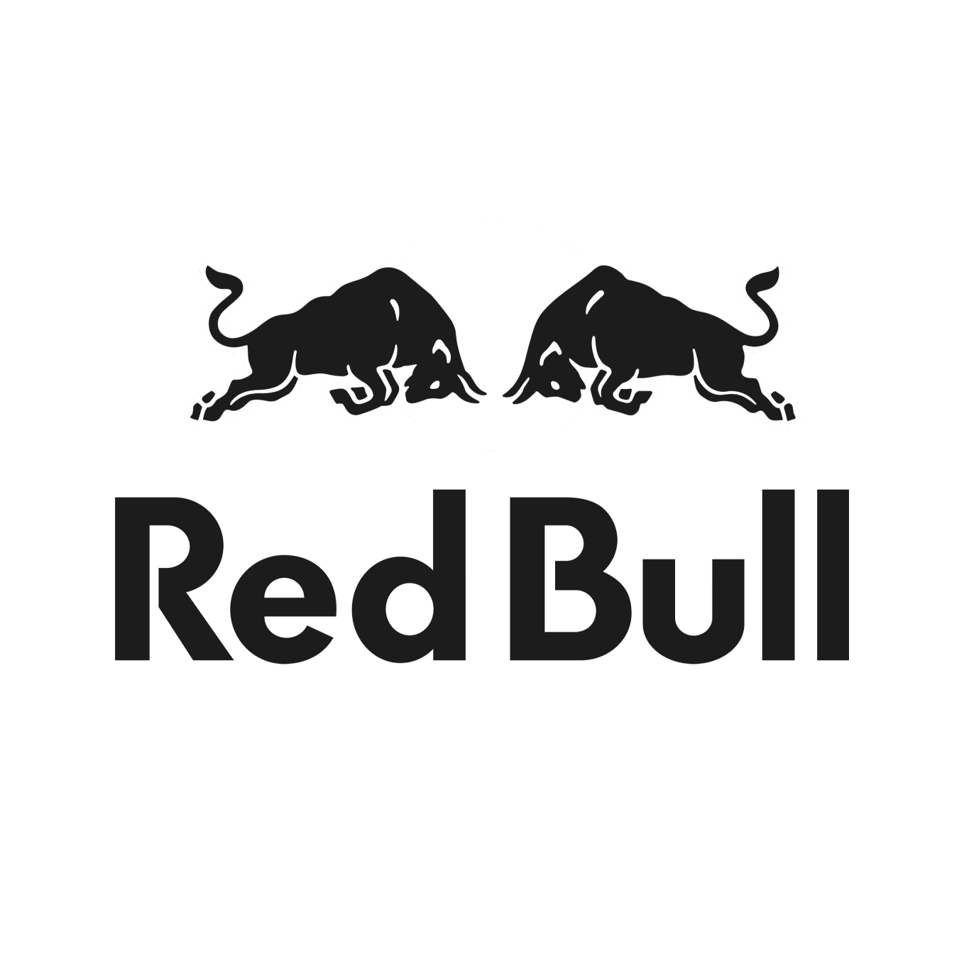 Black and white logo of Red Bull featuring two bulls charging towards each other above the words 'Red Bull' in bold font.