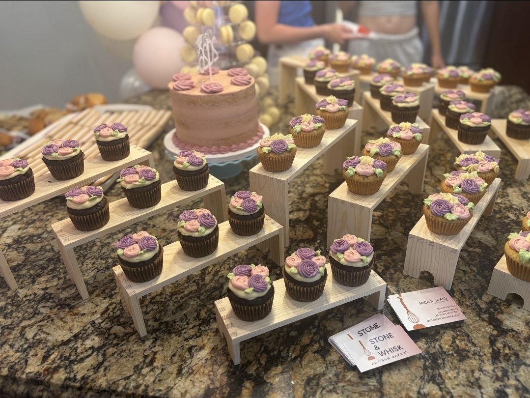 Chocolate Cupcakes with White Chocolate Buttercream and Yellow Cupcakes with White Chocolate Buttercream. Floral buttercream decor with dye-free colorants. Naked lemon cake with ruby chocolate buttercream filled with raspberry preserves & lemon curd