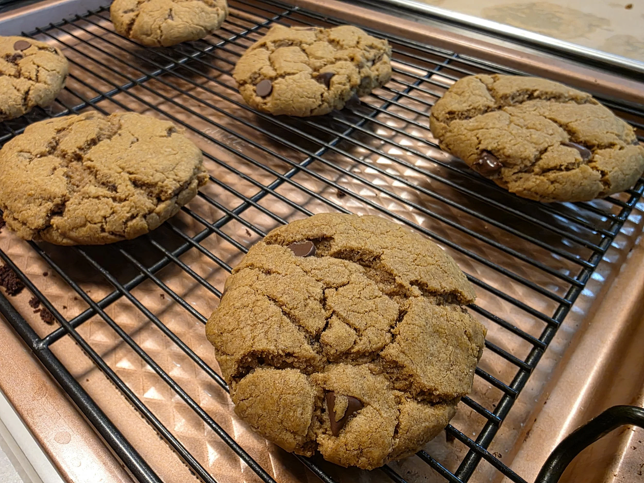 Freshly baked pumpkin chocolate chip cookies on a wire cooling rack.