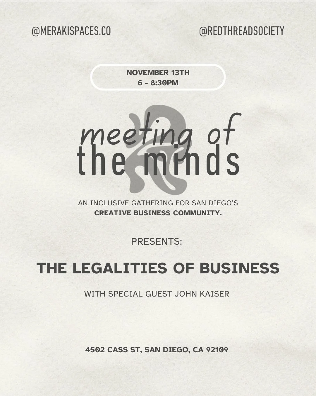 November 13th Come join is to welcome a special guest, Lawyer and patent specialist, John Kaiser, to talk all things business law, patents, and trademarks. We will have an open discussion with one another and get all your questions answered. 
Please 
