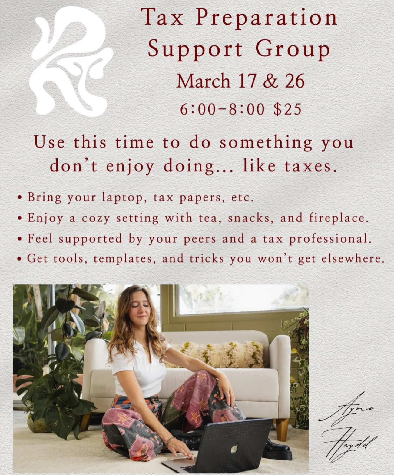 Tomorrow 6-8pm! Use this time to prepare for taxes. Wether you want to organize your expense sheets, work through turbotax, or just get some questions answered, we will be here to provide a safe stress-free zone to do so.