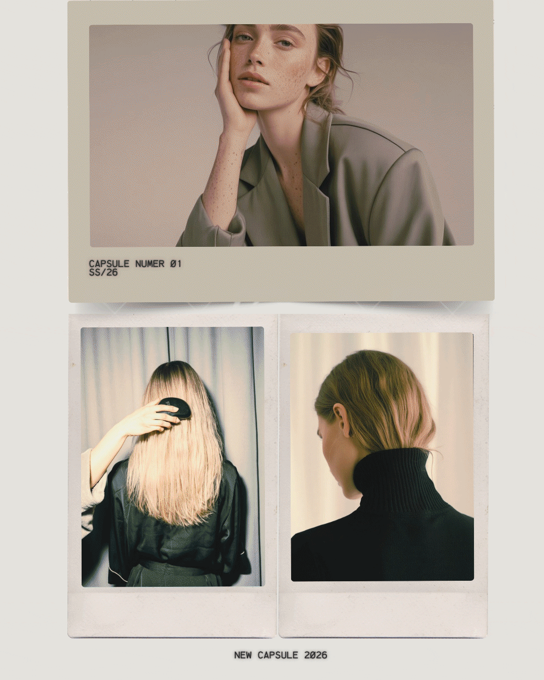 Varias fotografías tipo polaroid con modelos de cabello rubio y castaño, negro, rrazas indigenas, morenas rubias, uno con peinado liso y otro con ondas, en fondos neutros, con textos en la parte inferior que dicen "issue # 01" y "revista moda".