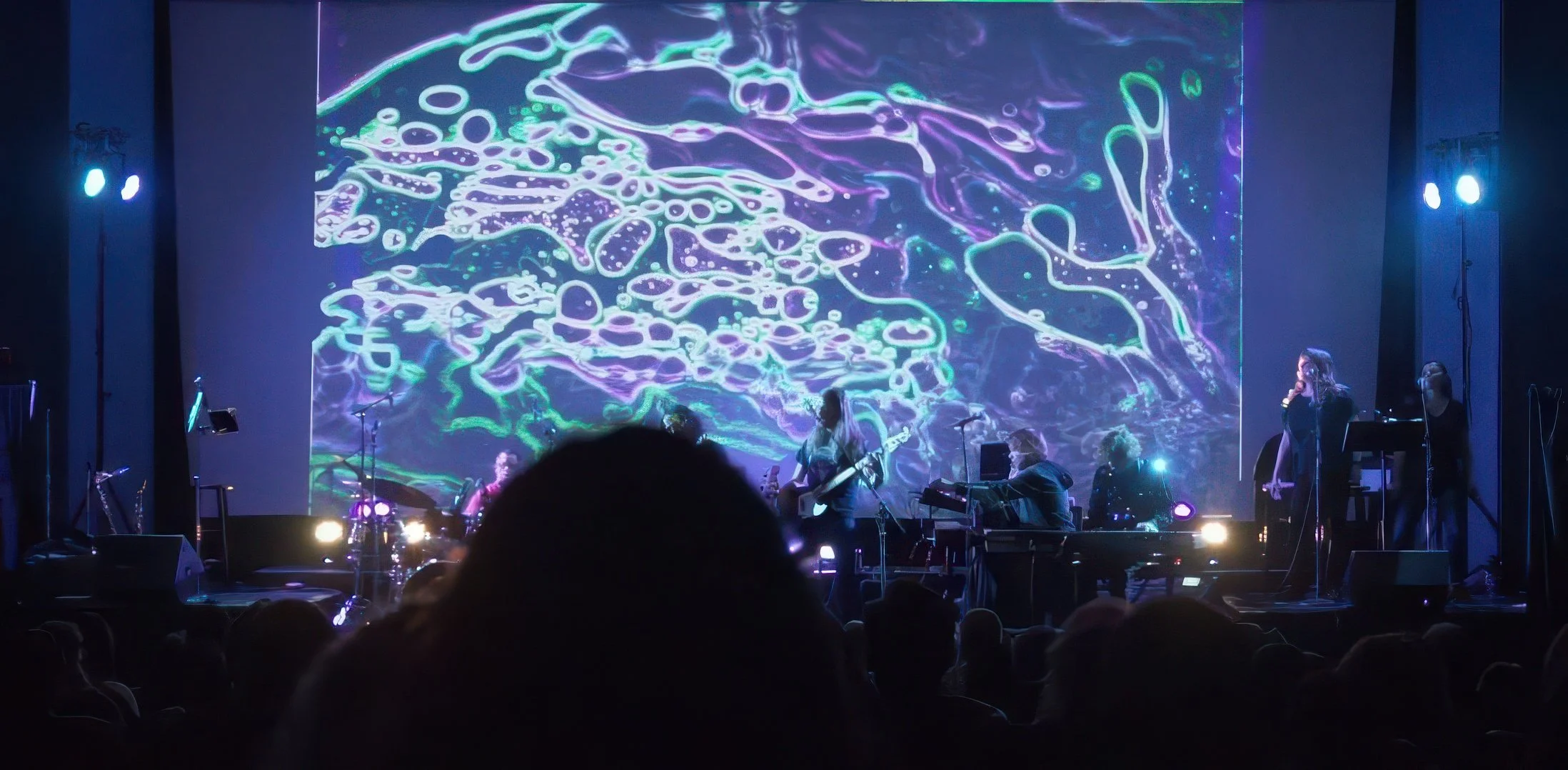 A live musical performance on stage with band members and a large colorful abstract digital projection behind them, with audience in foreground.