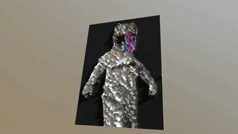 1st Place Award Trophy with a figure in aluminum foil, wearing a colorful mask, mounted on a black rectangular base.