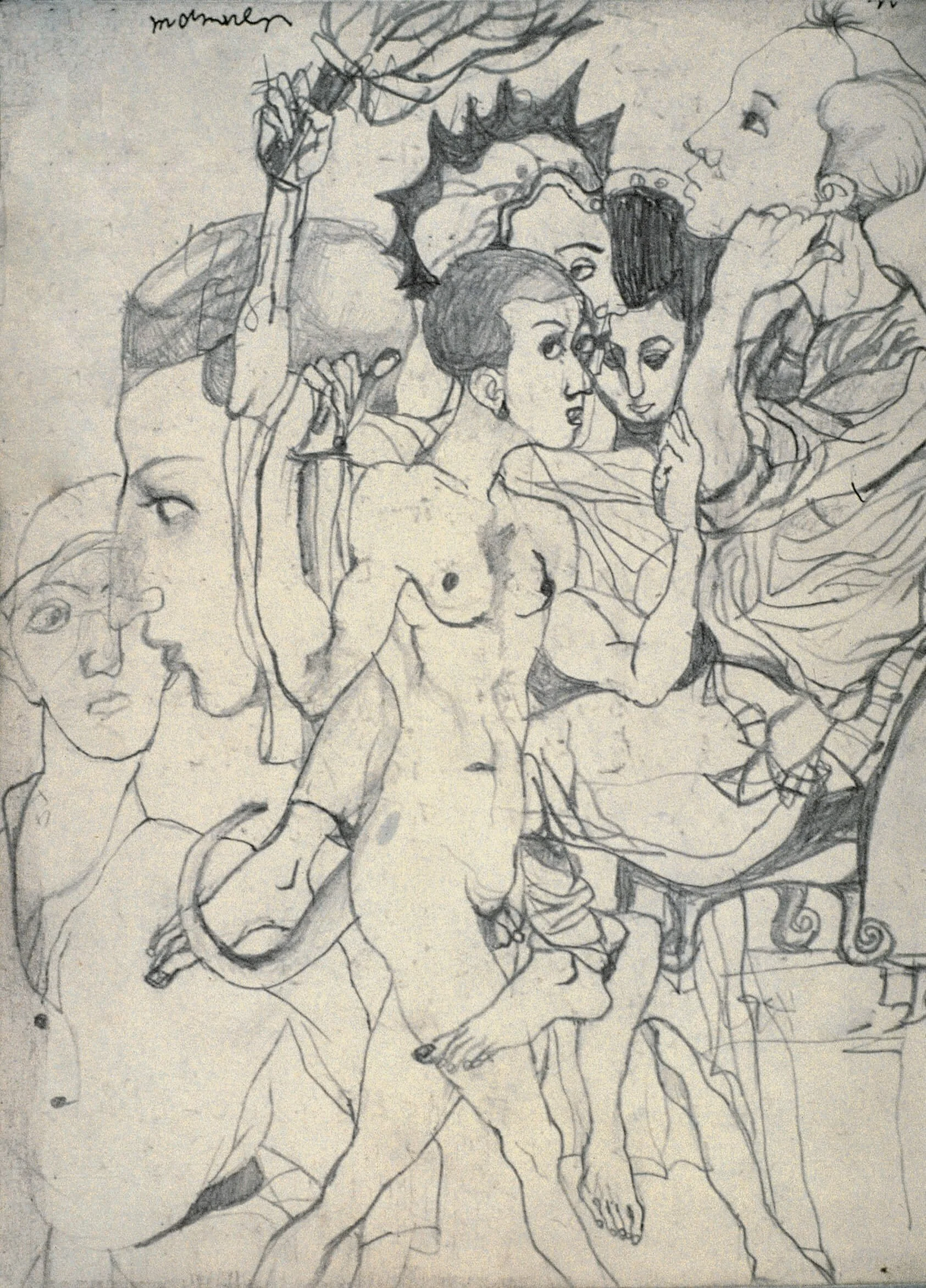 A sketch showing multiple intertwined figures, including a central nude woman, a man with a crown of thorns, and a person with angel-like features, surrounded by decorative and abstract elements.