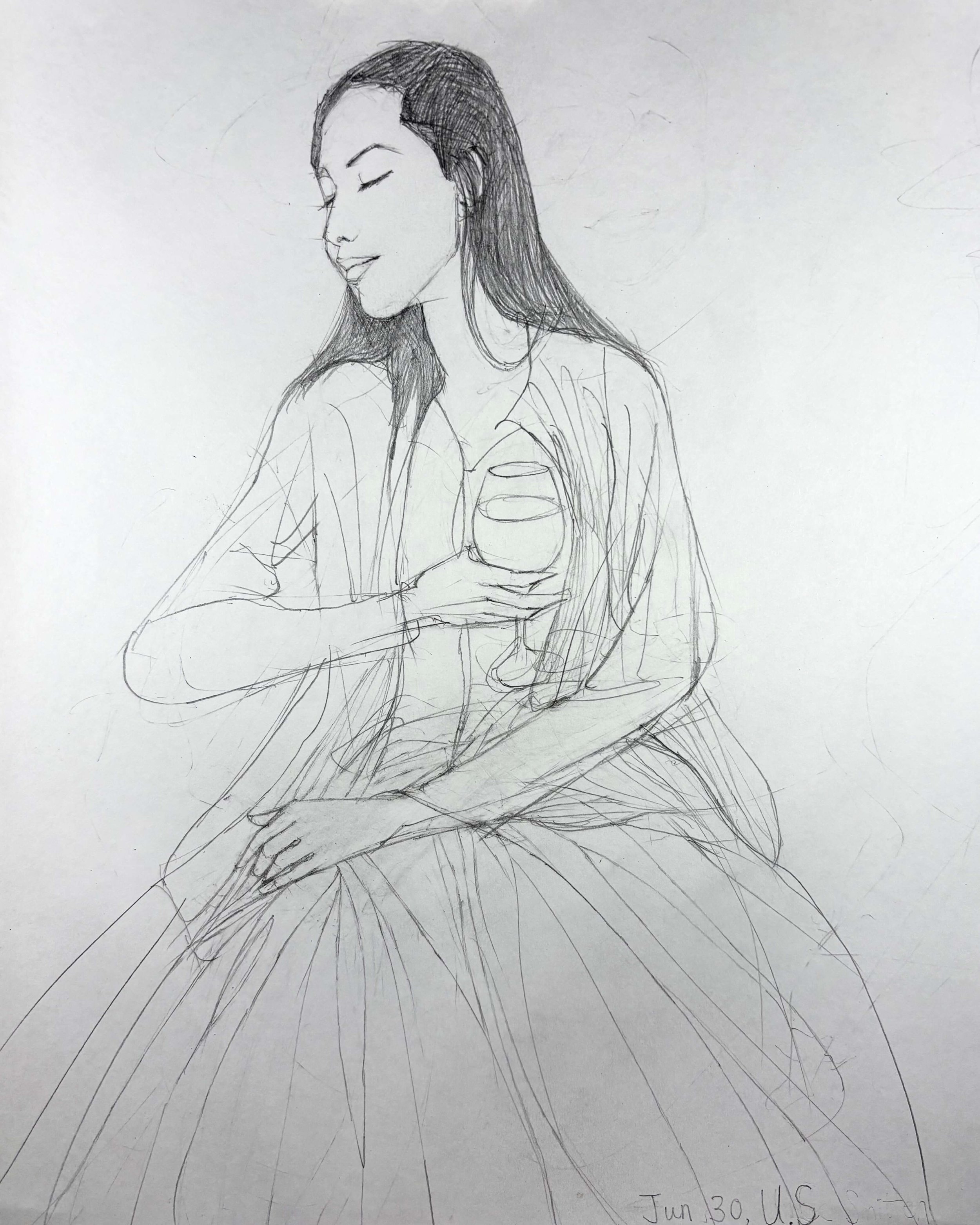 A pencil sketch of a woman with long hair, eyes closed, smiling, holding a glass of wine, and wearing a blouse. The date June 30, 2023, is written at the bottom.