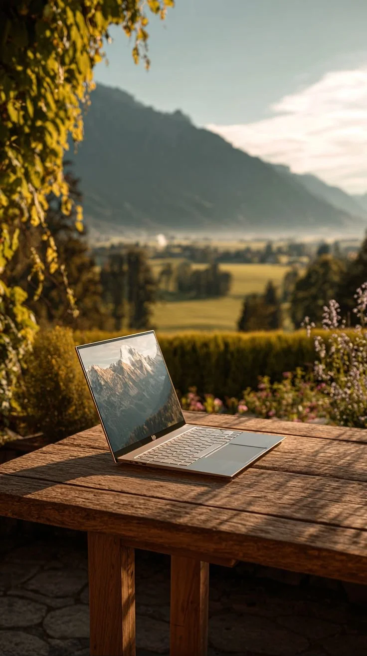 A silver laptop on a wooden table outdoors, overlooking green fields and mountains in the distance during sunset.