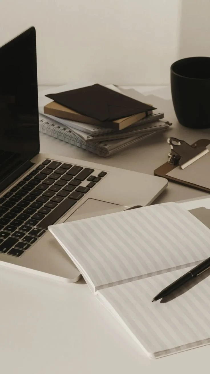 A tidy workspace with a MacBook, notebooks, a black cup, a clipboard, and a pen on a white desk.