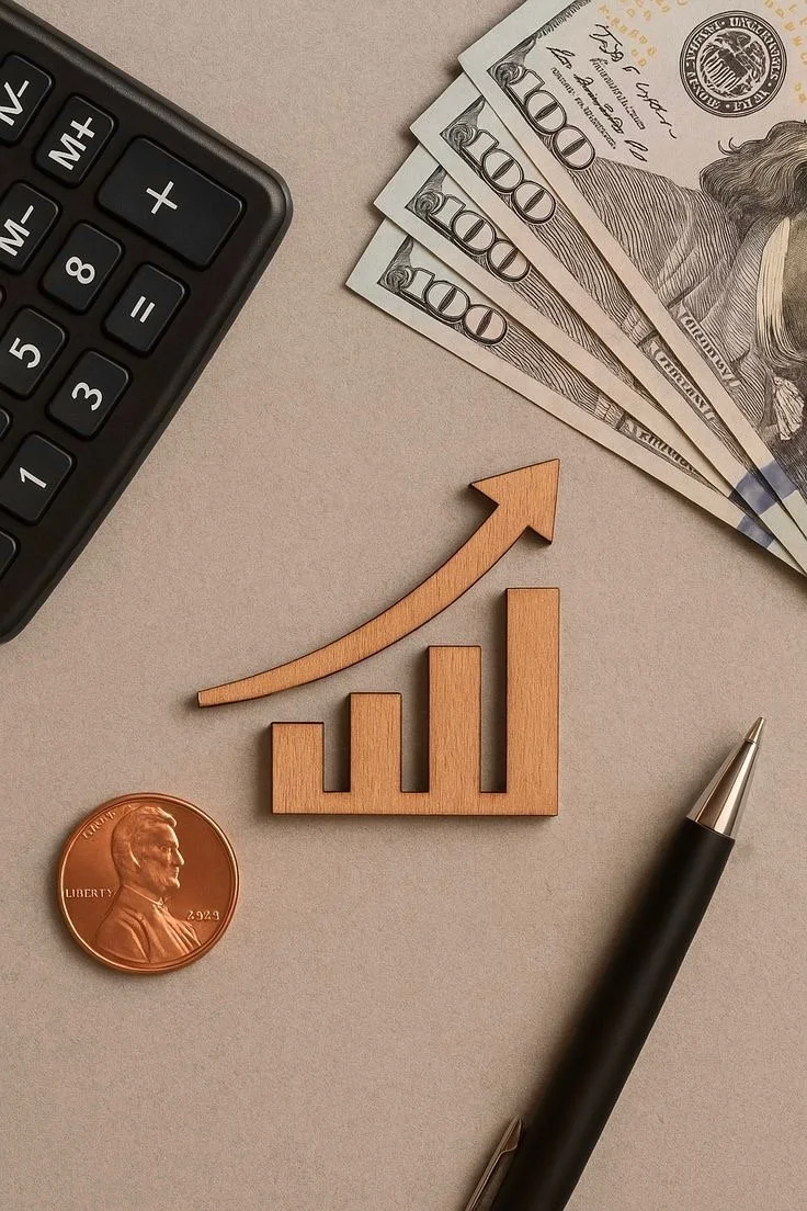 A desk with a calculator, three $100 bills, a penny, a pen, and a wooden increase chart with an upward arrow.