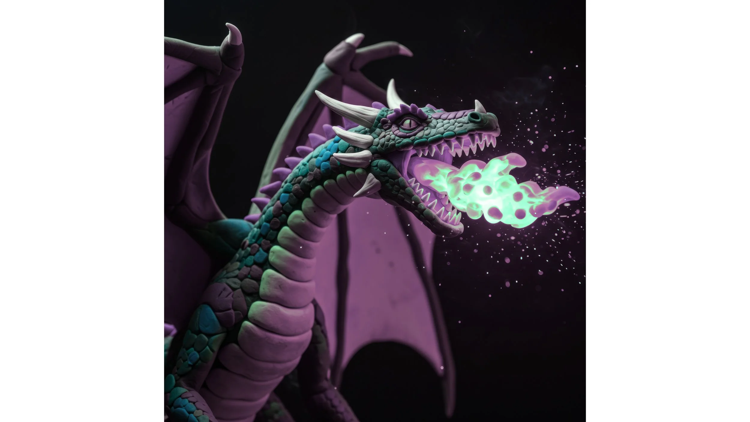 A fantasy-style dragon sculpture with purple wings, green and purple scales, and white horns, breathing glowing green and purple fire against a dark background.