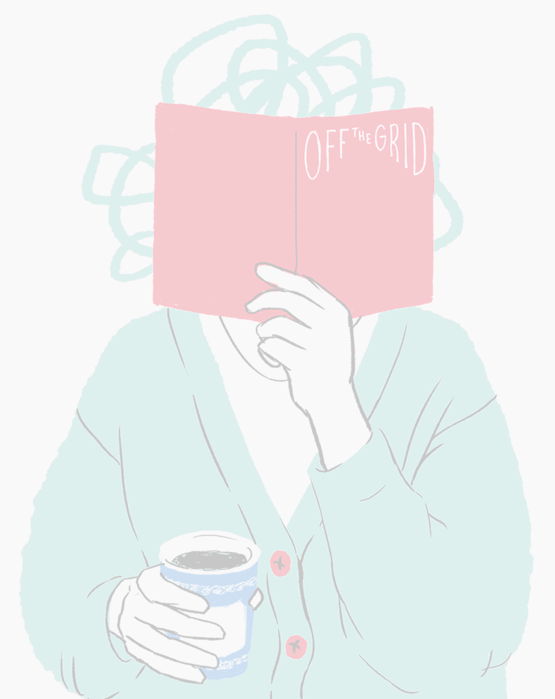 An illustration of a person holding a book titled “Off the Grid” in front of their face, with loose looping lines instead of a head, and a cup of coffee in their other hand.