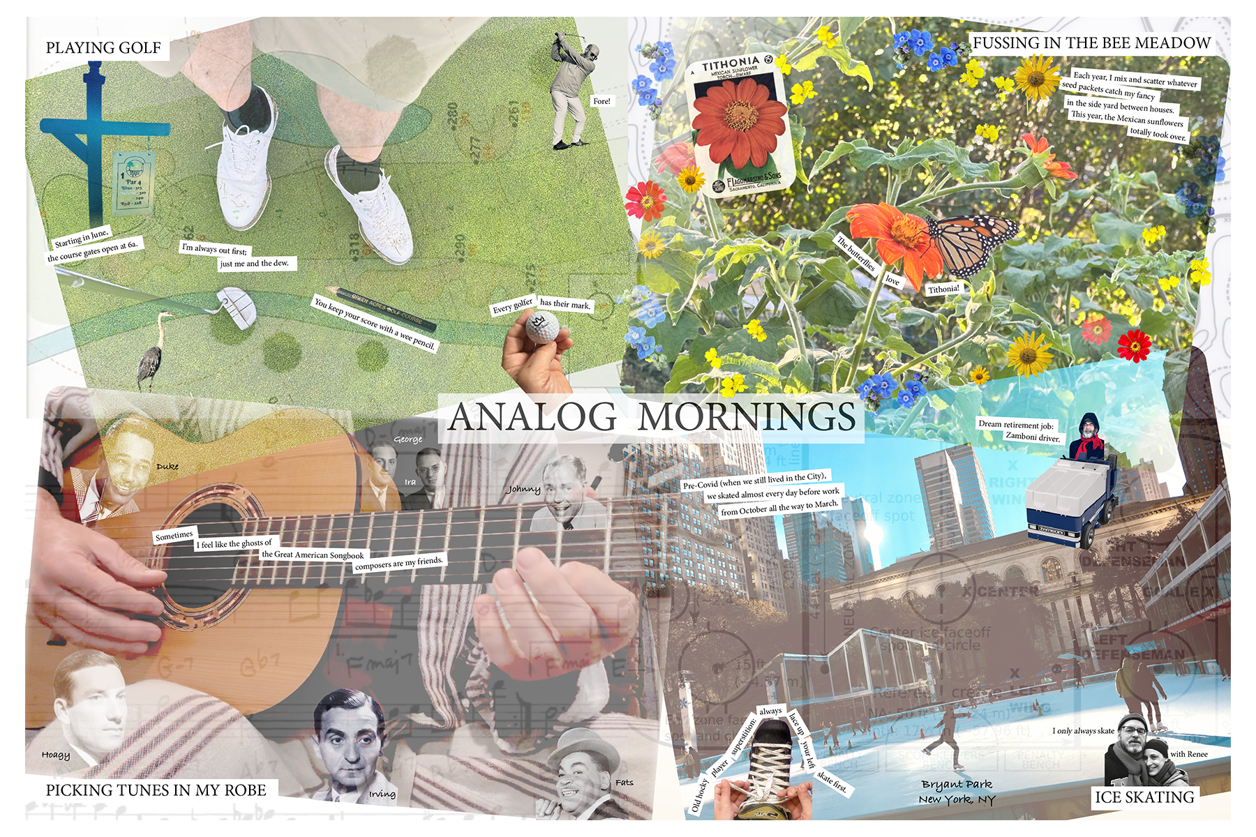 A collage titled “Analog Mornings” with four scenes: a golfer on the green; a bee meadow with flowers and a monarch butterfly; hands playing guitar alongside composer portraits; and the Bryant Park ice rink with skaters and a small Zamboni cutout.