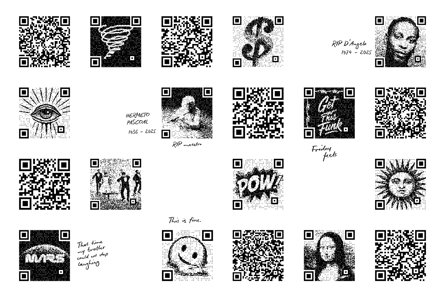 A grid of QR codes with halftone images including expressive icons, stylized portraits, and scenes. Handwritten captions reference memories or moods, such as “Friday feels” and “This is fine.”