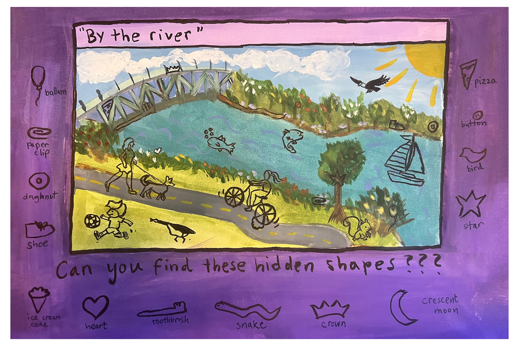 A colorful painting titled “By the river,” bordered by doodles of everyday objects—a balloon, paper clip, doughnut, shoe, moon, pizza slice, and more—inviting viewers to find these shapes within the scene.