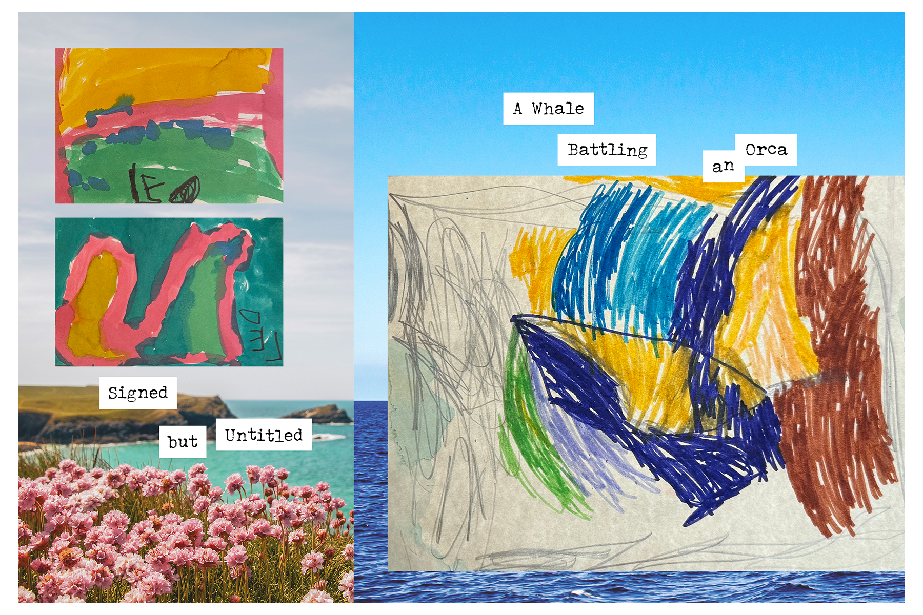 A collection of children’s artwork: small colorful abstracts above pink flowers labeled “Signed but Untitled,” and a bold marker drawing titled “A Whale Battling an Orca,” set against a blended sky–ocean background.