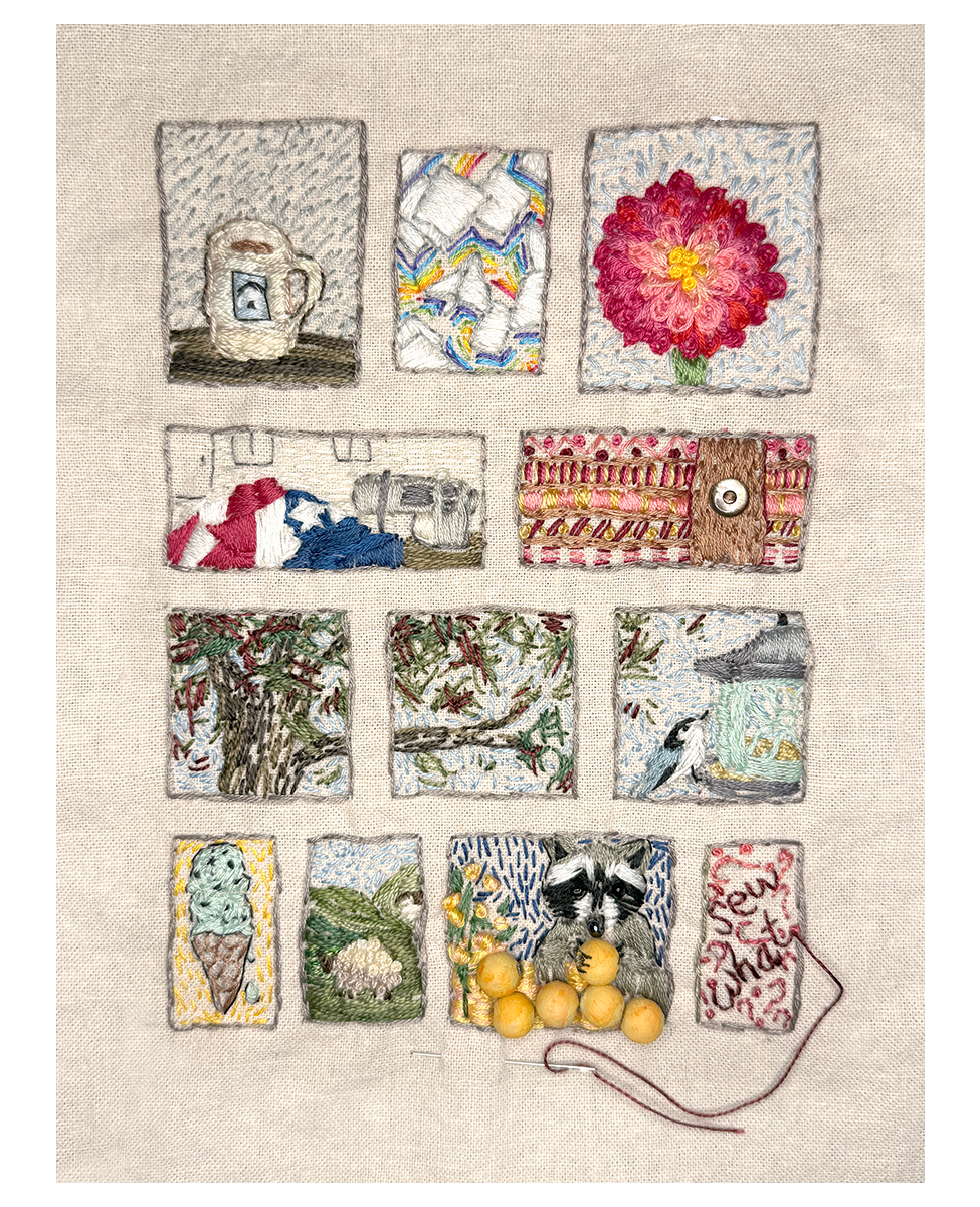 An embroidered set of twelve small panels featuring a coffee cup, paper napkins, a red zinnia, a protest quilt, a new sweater, a nuthatch, homemade mint ice cream, a Scotland pasture, a peach-stealing raccoon, and a square labeled “sew what?”