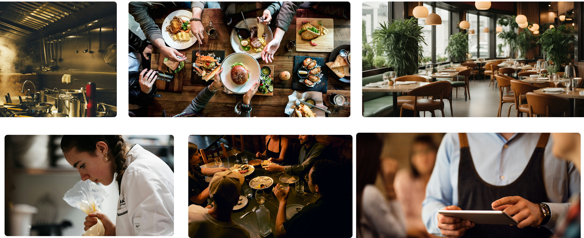 Collage of restaurant scenes including a professional kitchen, people dining and sharing food, and restaurant interiors with tables, chairs, and greenery.