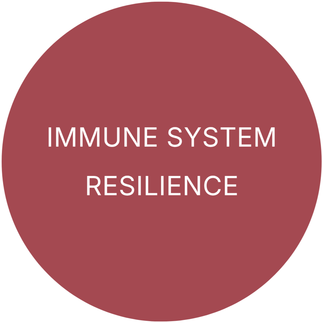 A circular graphic with a maroon background and white text that reads, 'IMMUNE SYSTEM RESILIENCE.'