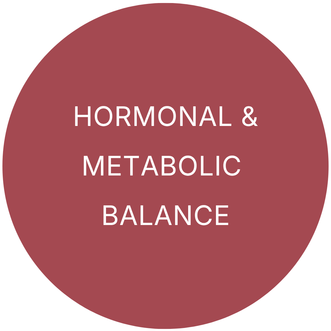 Text indicating hormonal and metabolic balance on a dark red circular background.