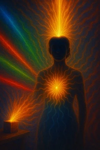 A small Firefly device emits a powerful light which shines on a silhouetted person which triggers a glowing orb on their chest and a bolt of light streaming from their head, as multi-color light beams and energy waves radiate off their body.