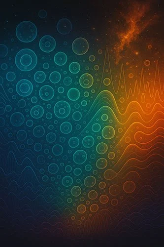 Abstract energy fields ignite human cells which glow in orange and blue waves among the stars of the universe, representing the power of the BioCharger to charge human cells with energy from the universe and environment.