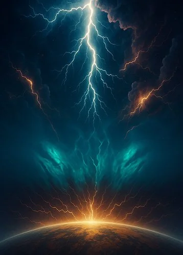 Lightning storm with dramatic bright lightning bolts over a planet strikes down into an energy field which hovers over the corona of the earth, representing the PEMF and lightning energy of the Pulse XL Pro.