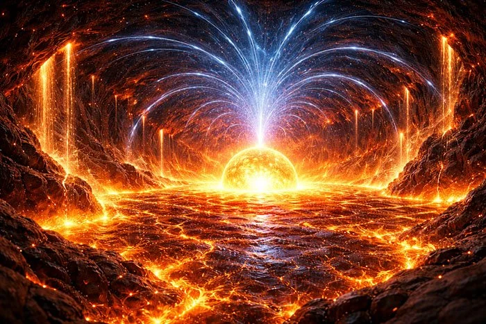 A surreal digital artwork depicting a fiery, molten landscape with a glowing sun in the background, erupting volcanoes, and bright streaks of light resembling energy or lightning.