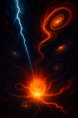 A cosmic scene with a lightning bolt striking from a fiery, exploding star, surrounded by swirling galaxies and cosmic clouds, representing that the raw materials for Homeopathy come from the entire universe.