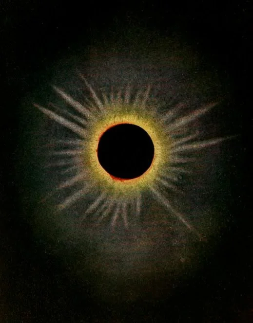 A solar eclipse showing the moon covering the sun with a glowing corona around it.