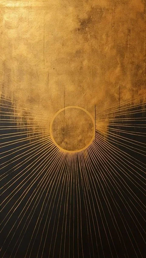 A circular line drawing of a golden sun radiates gold at the top down into a brown surface with radiating lines extending downward.
