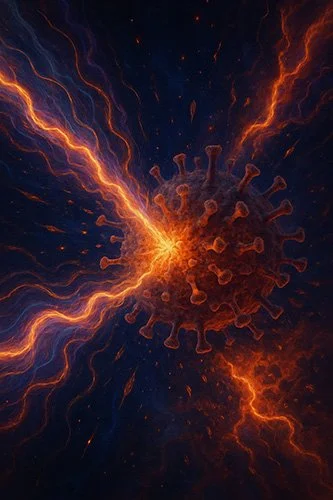 A powerful electric plasma charge attacks a human virus, threatening to explode it, representing the PERL Rife destroying a virus with its plasma field.