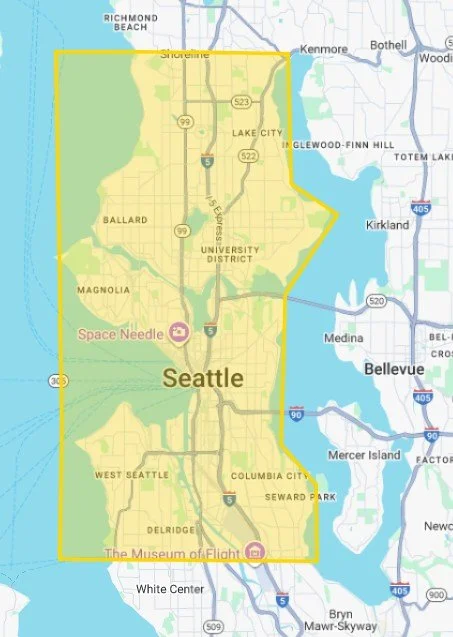 Highlighted map showing dog training and pet care service area in North, South, and Central Seattle.