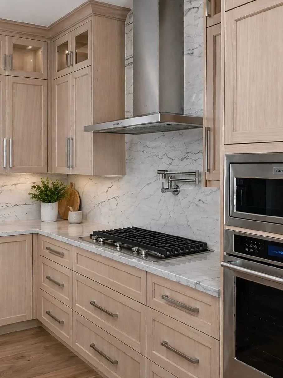 Kitchen with light wood cabinets, marble backsplash, gas stove, stainless steel range hood, and built-in microwave oven.