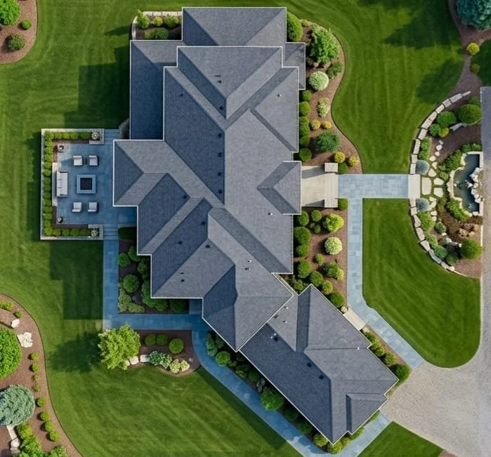 A large house with multiple roof sections surrounded by landscaped gardens, pathways, and a lawn, with an outdoor seating area on a patio to the left.