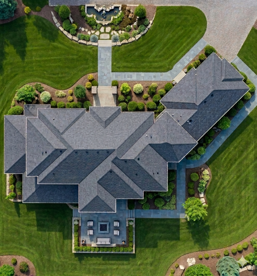 Aerial view of a large house with a complex roof, surrounded by a well-manicured lawn, paved walkways, trees, bushes, and a landscaped garden with a fountain.
