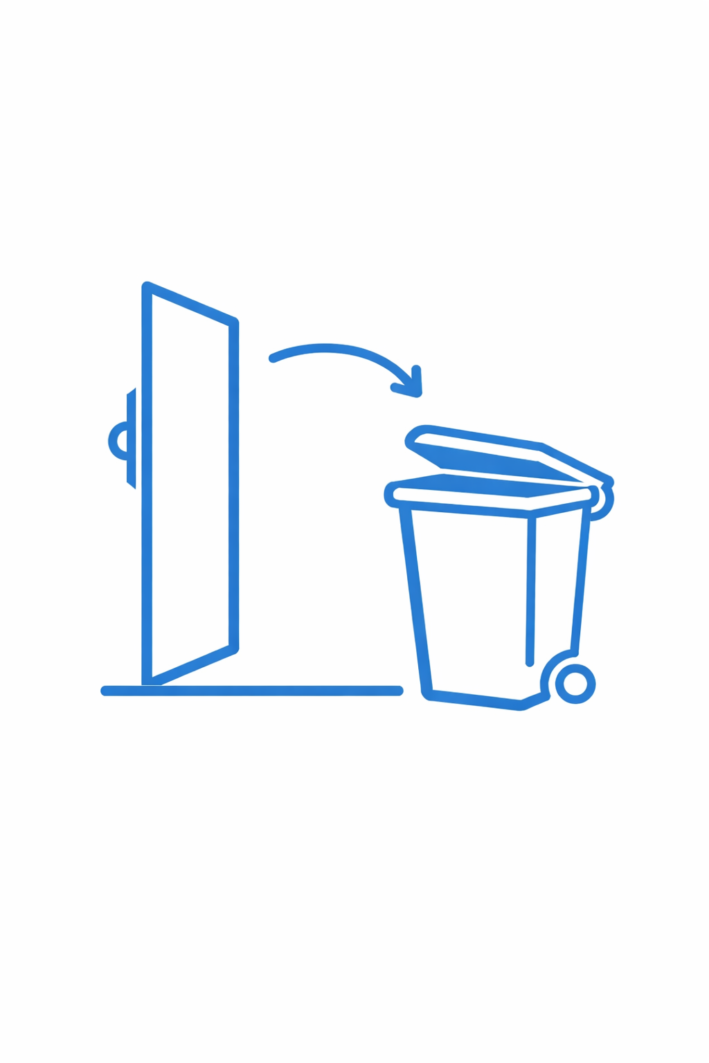 Line drawing of a door opening to a trash bin with an open lid, and an arrow indicating the trash bin is to be used for disposal.