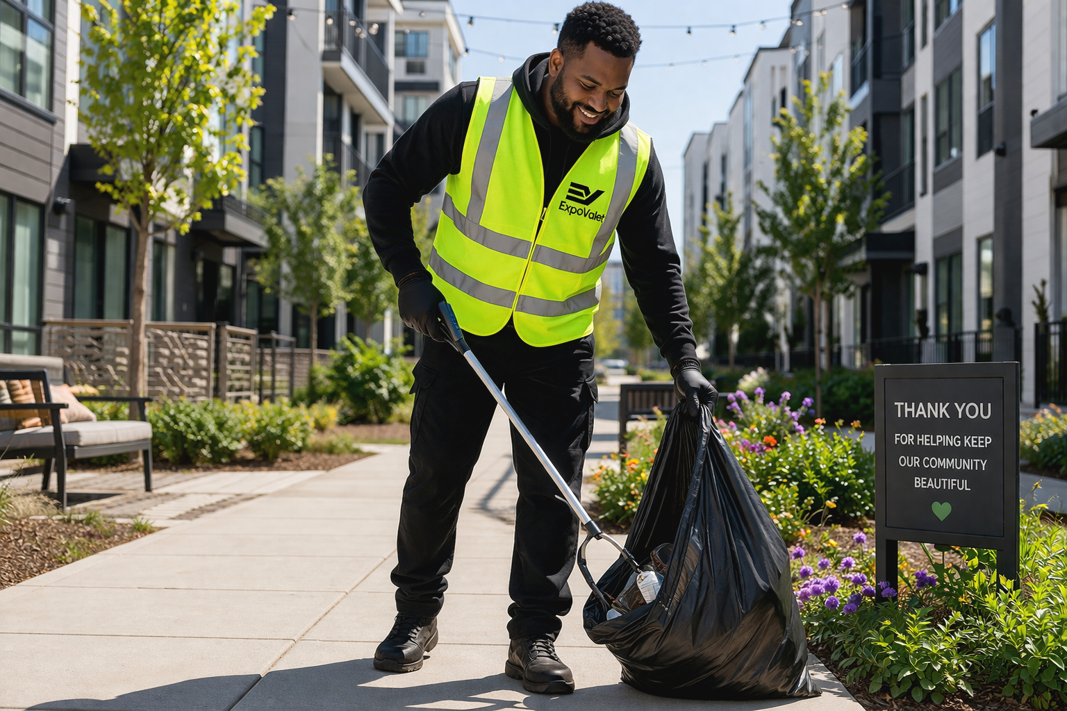 A man in a neon yellow vest and black gloves is picking up trash with a litter picker and placing it into a black garbage bag in a residential outdoor area with modern apartment buildings, benches, and flowers. There's a sign that reads, 'Thank you for helping keep our community beautiful.'