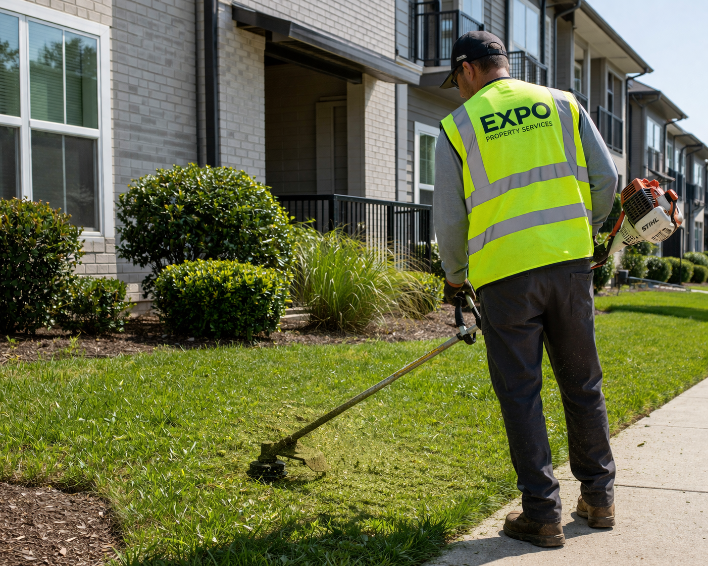 A man wearing a yellow high-visibility vest with 'EXPO PROPERTY SERVICES' on the back, trimming or mowing the grass along a sidewalk in front of an apartment complex with brick exterior and black balconies.