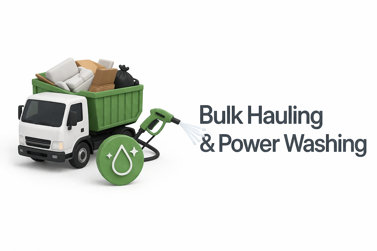 Illustration of a small truck with a green trailer filled with furniture and boxes, a green power washer spraying water, and the text 'Bulk Hauling & Power Washing'.