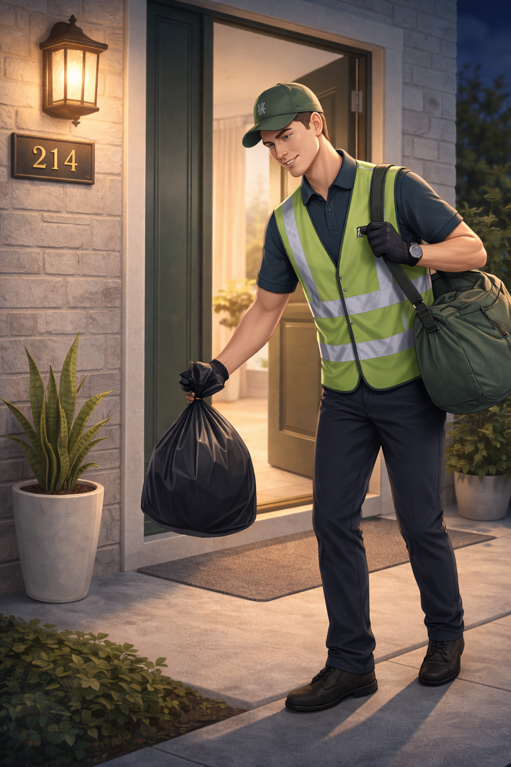 A young male delivery person dressed in a green hat, yellow reflective vest, blue shirt, and black gloves, dropping off a black garbage bag in front of a house with the number 214, at dusk.