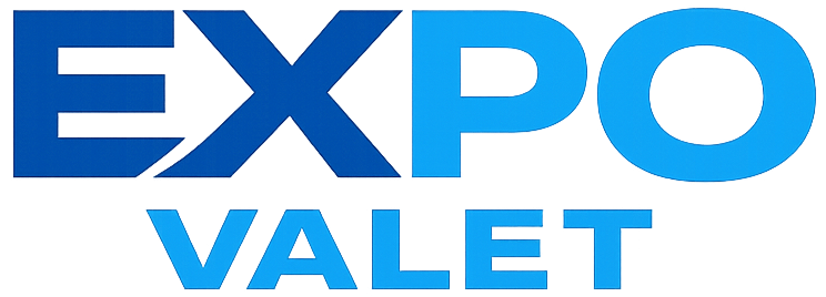 Logo with the words 'EXPO VALET' in bold blue letters, with 'EXPO' larger and above 'VALET'.