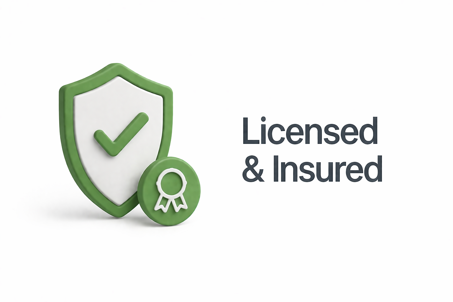 Green shield with a checkmark and a small badge icon, alongside the text 'Licensed & Insured'