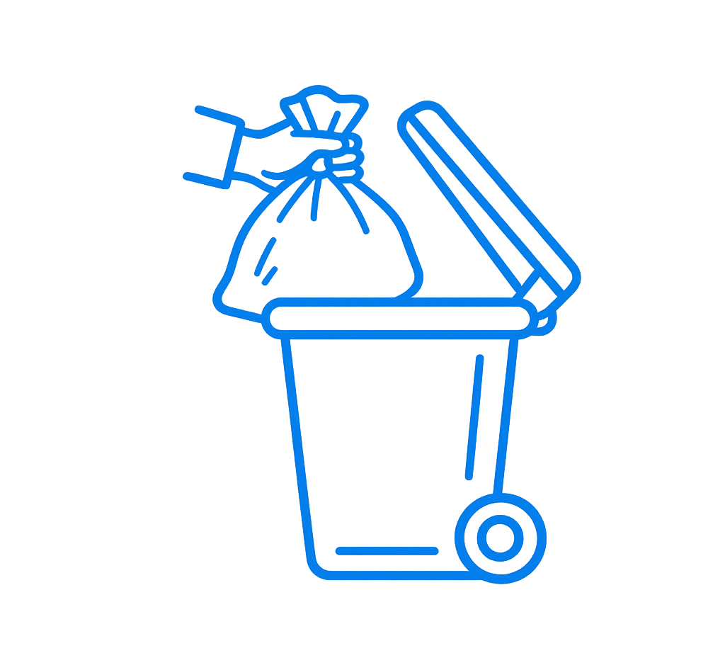 Blue line drawing of a hand holding a bag of trash, next to a trash can with a lid and wheels.