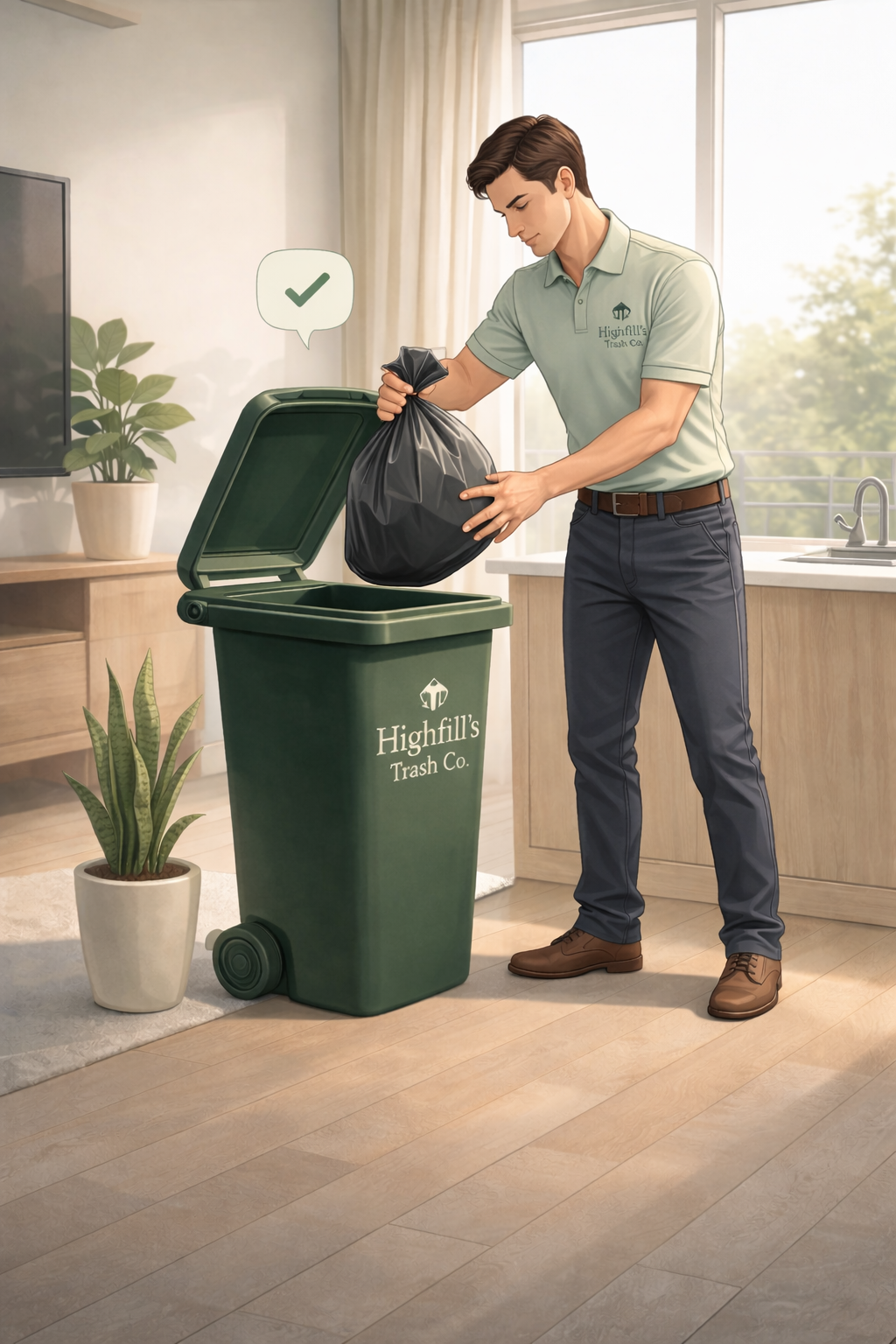 A man is disposing of a black trash bag into a green trash can with the label 'Highfill's Trash Co.' inside a well-lit room with a wooden floor, potted plants, and a large window.