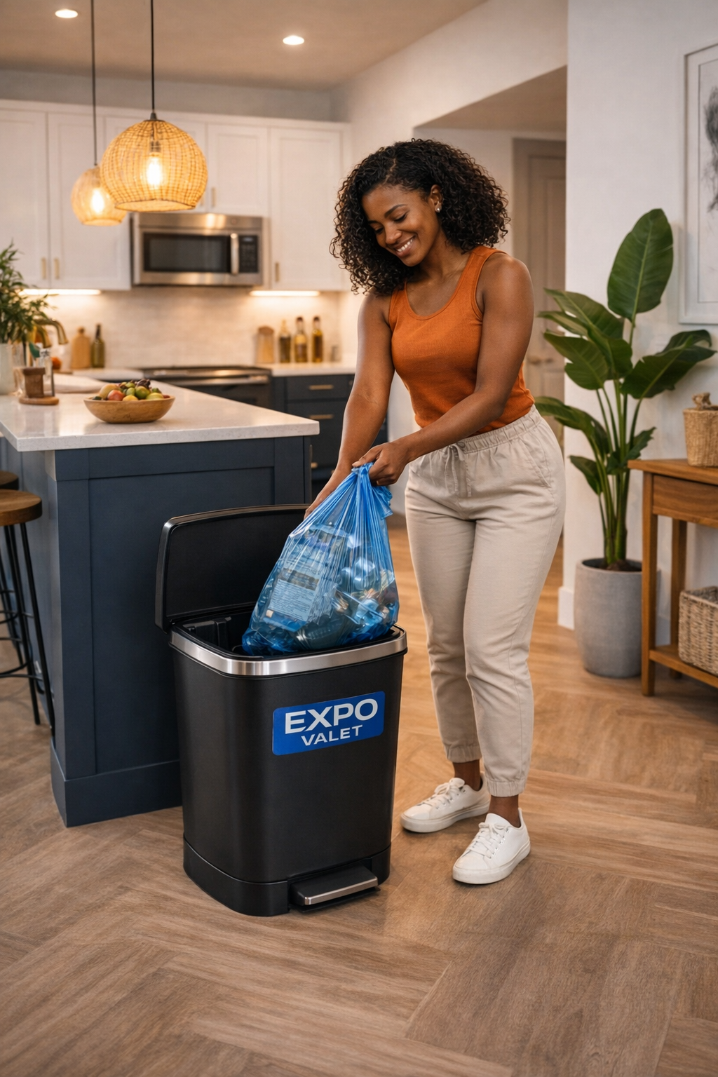 A woman in a tan sweatpants and orange tank top using an EXPo VALET smart trash bin to dispose of a blue plastic bag with recyclables in a modern kitchen.