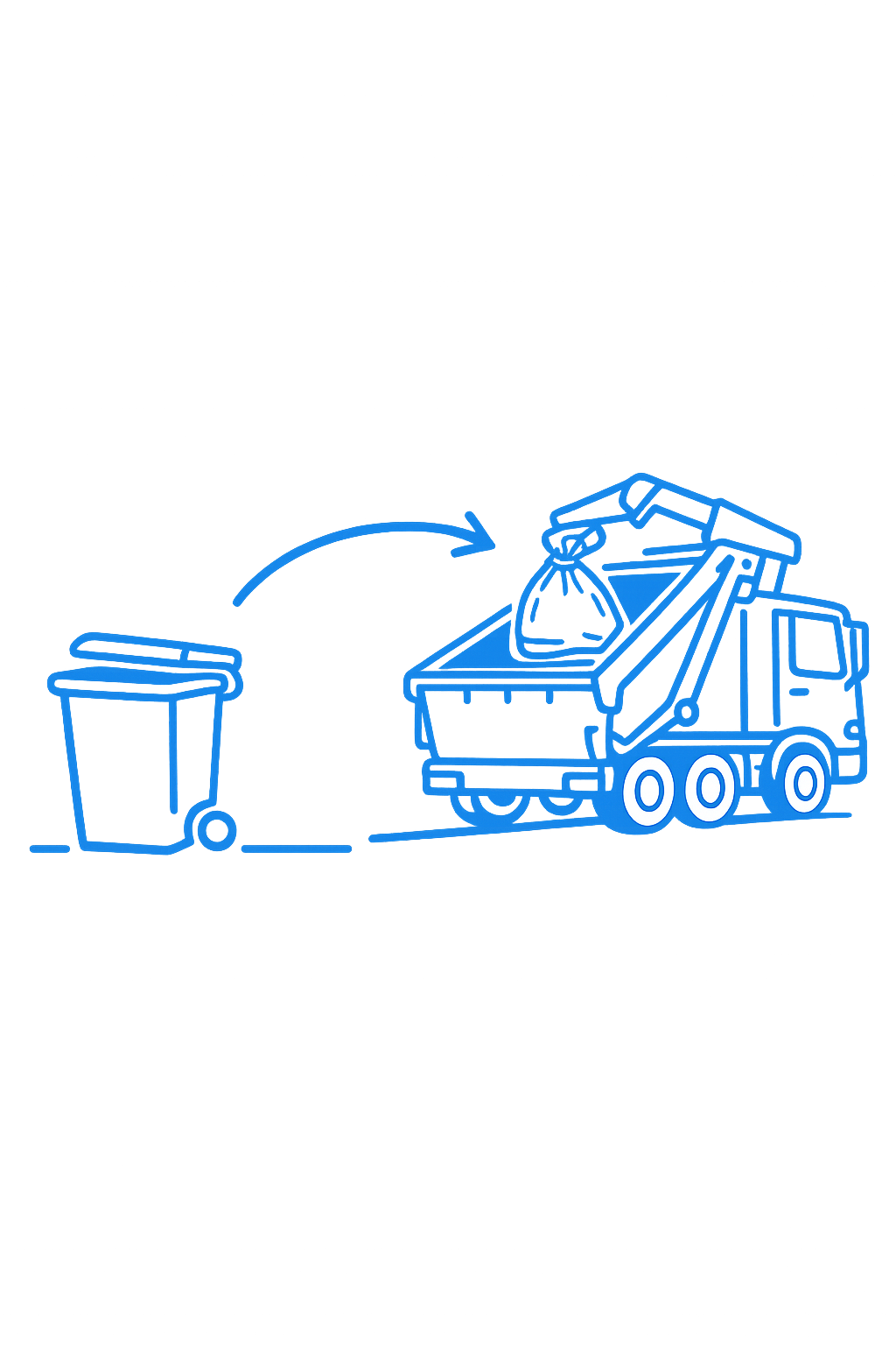 Neon outline of a garbage truck disposing of a trash can, glowing blue on a dark background.