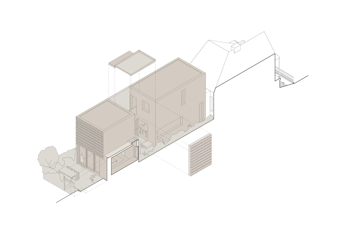 An isometric concept diagram of Clay House in Woollahra by Muci architects, a contemporary extension to a late Victorian era heritage terrace. For LOHAS Australia using their sustainable ceramic building materials.