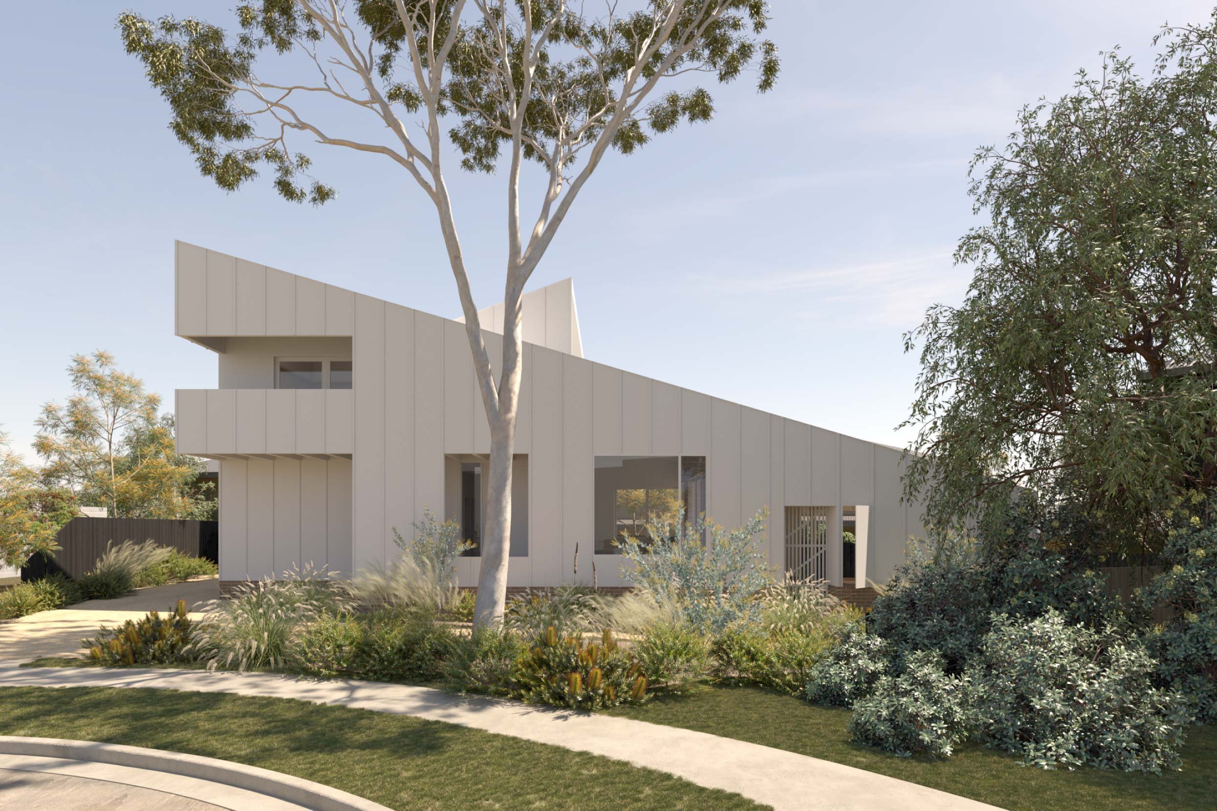 Front view of Lou's House in Adamstown Heights, Newcastle, by Muci architects. The building is a large triangular shape. Clad in James Hardie fine texture cladding and cover battens. Native garden surrounds. Client is Goodwin Vaughan builders.